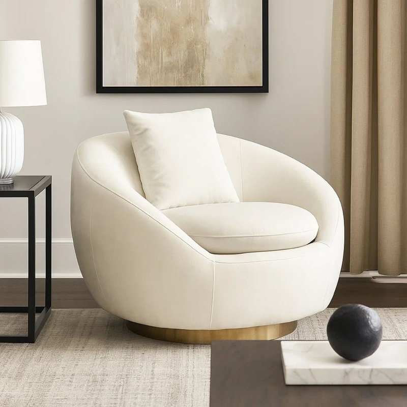Fauteuil d'appoint pivotant avec coussin Dela, velours crème, base dorée Dela