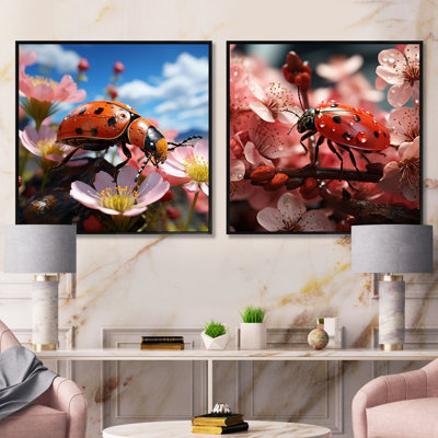 Crimson Landbug Flower Wanderers - Insects & Bugs Square Collage Set Of 2