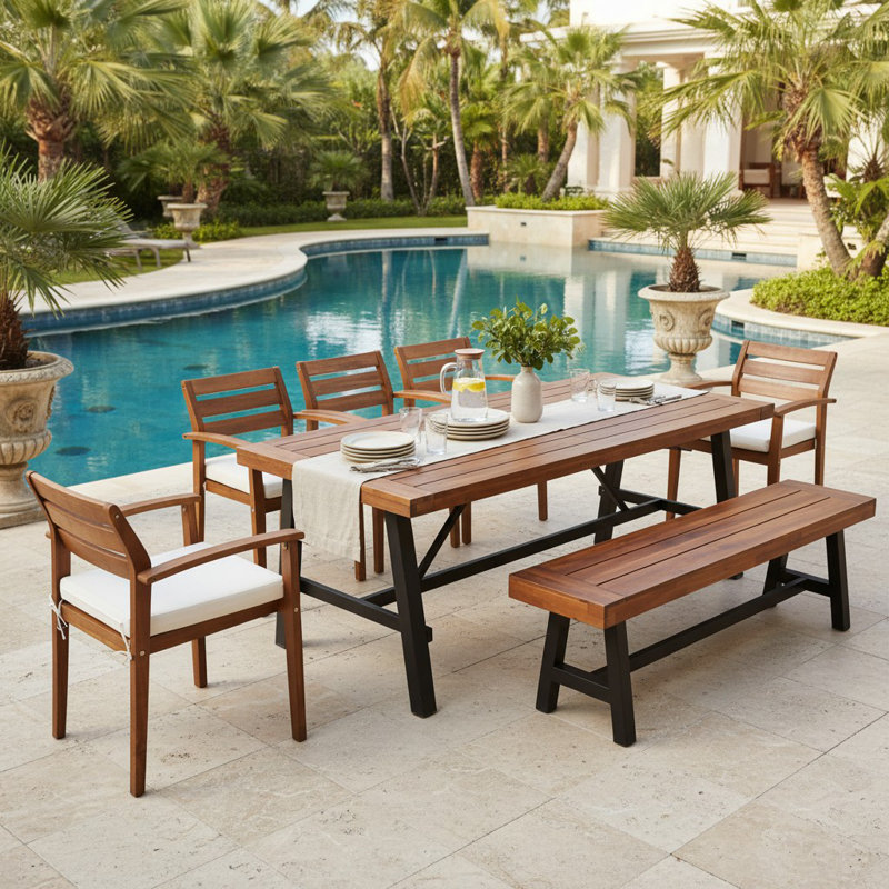 Jelyssa 8 - Person Acacia Solid Wood Patio Dining Set Rectangular Table with Cushions Included
