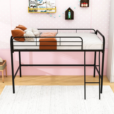 Twin Metal Loft Bed With Full-Length Guardrails And Ladder