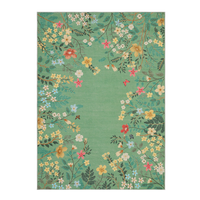 Washable Green Floral 9x12 Rugs for Bedroom, Non-Slip Living Room Area Rug, Cute Nursery Large Botanical Area Rug, Soft Floor Carpet for Playroom Closet