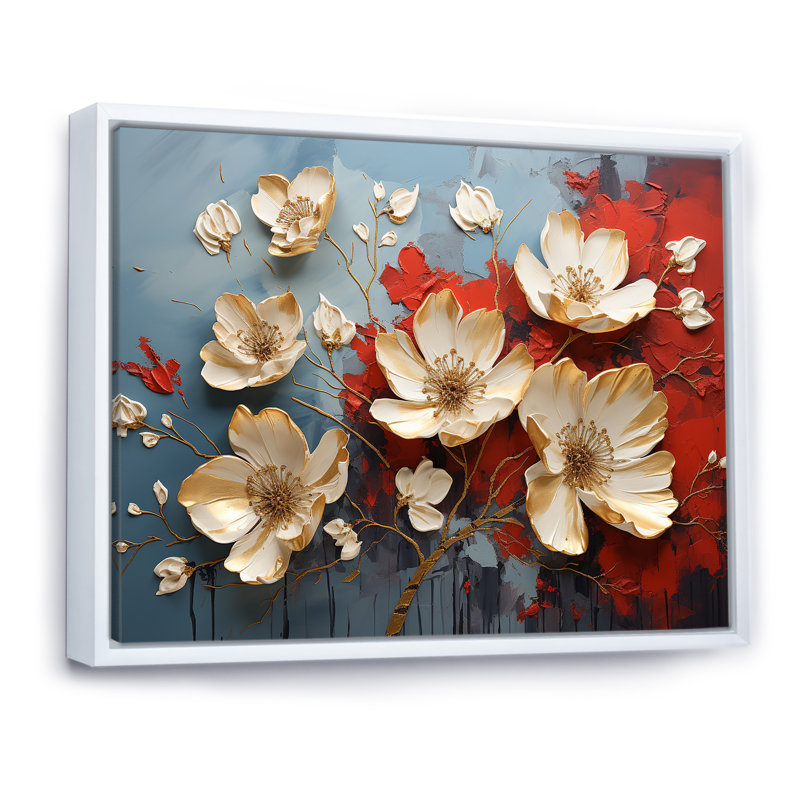 Or et pétales de tournesol beauté - Art mural floral abstrait, Cadre flottant blanc, H 34 po x l 44 po x P 1,5 po
