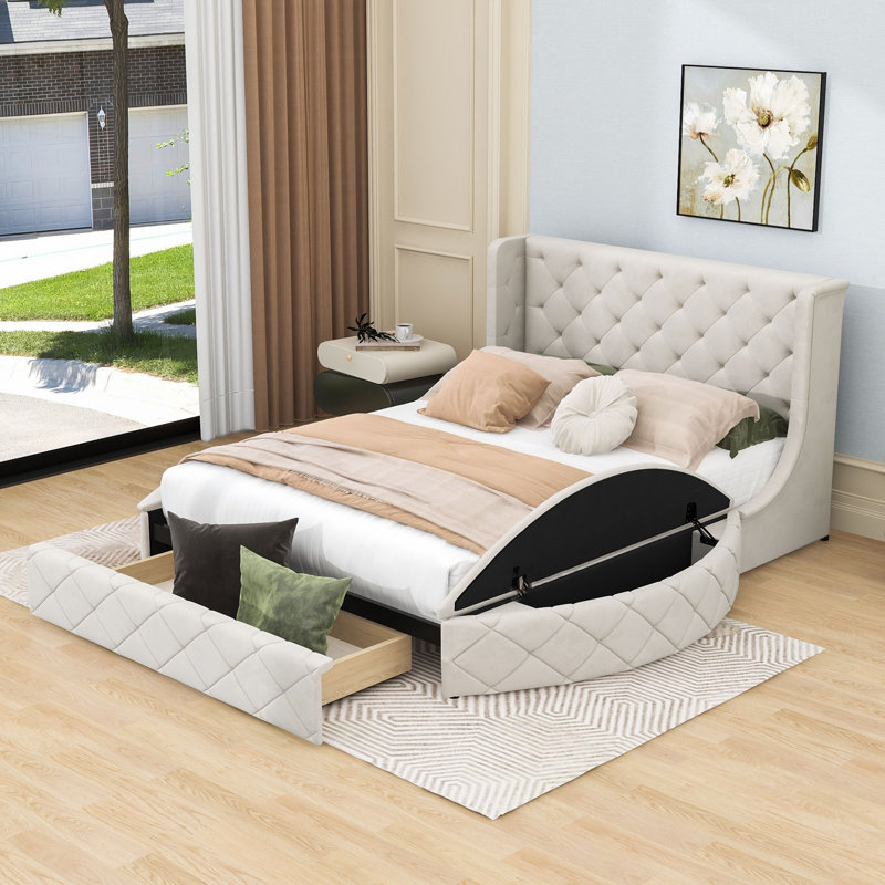 Hartaj Queen 1 Drawer Upholstered Platform Bed with Headboard, Beige