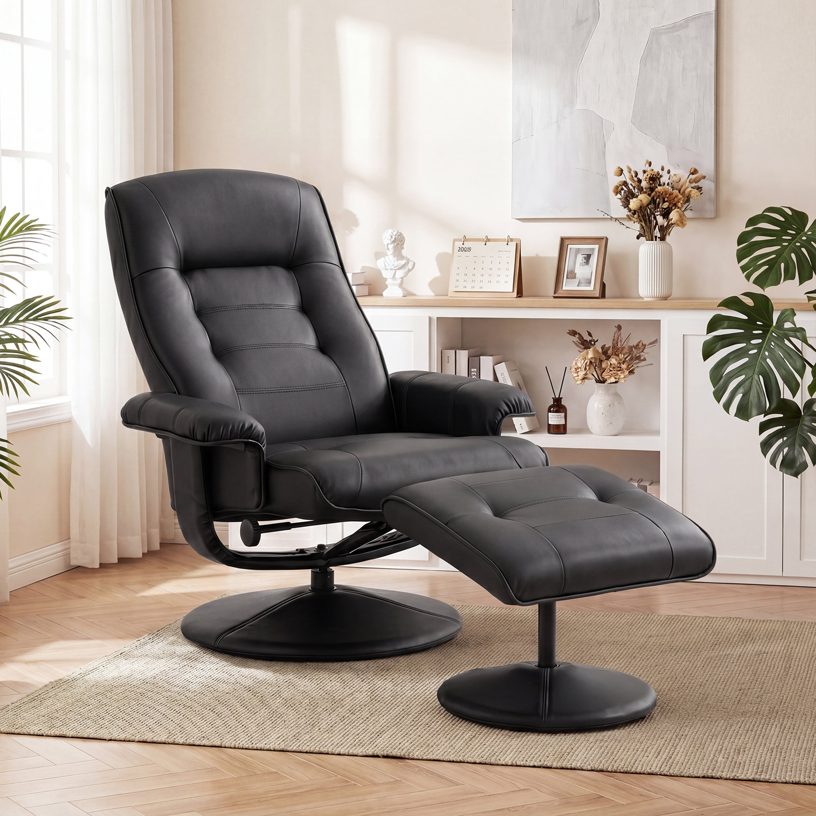 Ebern Designs Recliner Chair With Ottoman, 360° Swivel Pu Leather ...