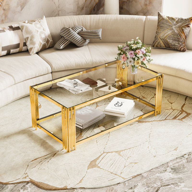 Table basse moderne en verre transparent avec structure asymétrique en métal, Transparent