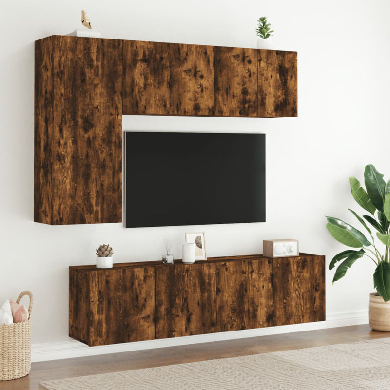 Niekia Unfinished Entertainment Center for TVs up to 24" with Fireplace Included, Smoked Oak