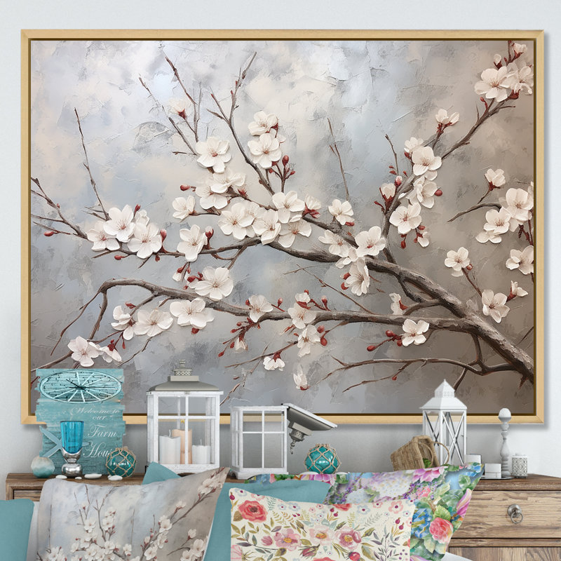 Fleur de cerisier minimaliste gris et beige I - art mural Cherry Blossom, H 34 po x l 44 po x P 1,5 po
