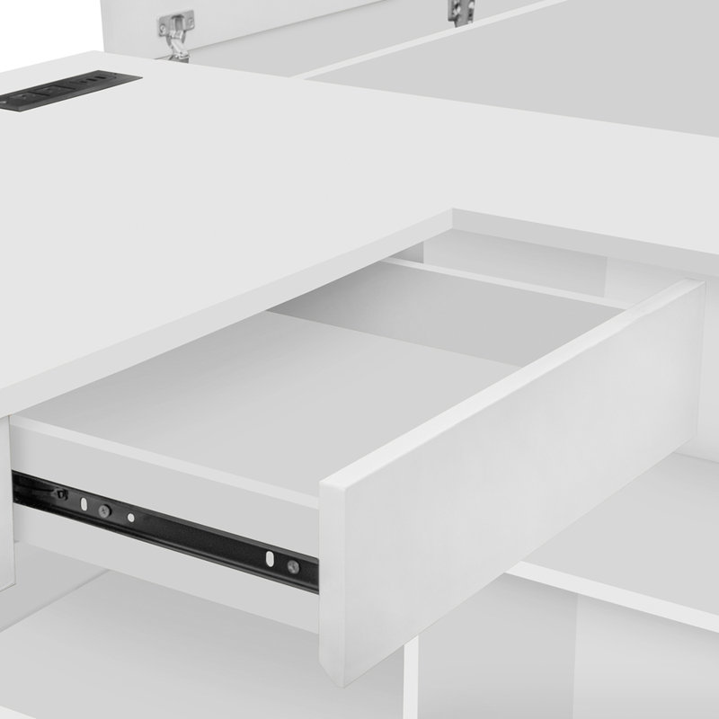Lit plateforme double en bois avec 6 tiroirs, tablettes, bureau et garde-robe, blanc, peu encombrant et multifonctionnel