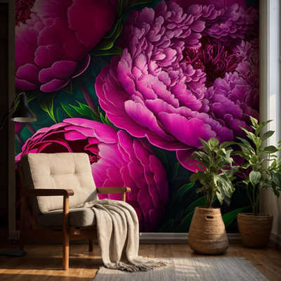 Papier peint floral pivoines foncées: panneau mural Boho audacieux