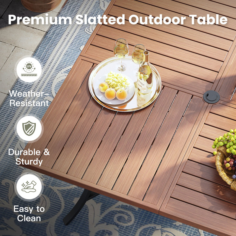 59.1" Square Patio Dining Table With Umbrella Hole, Brush Wood Brown Top/Black Base