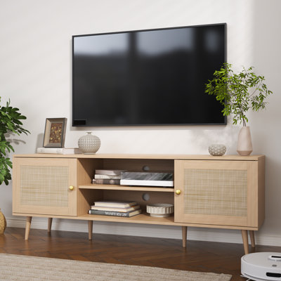 TV Stand, Boho Entertainment Centre With Storage, Modern Mid Century Media Console With Rattan Doors And Adjustable Shelf, Wood TV Stand For Living Room