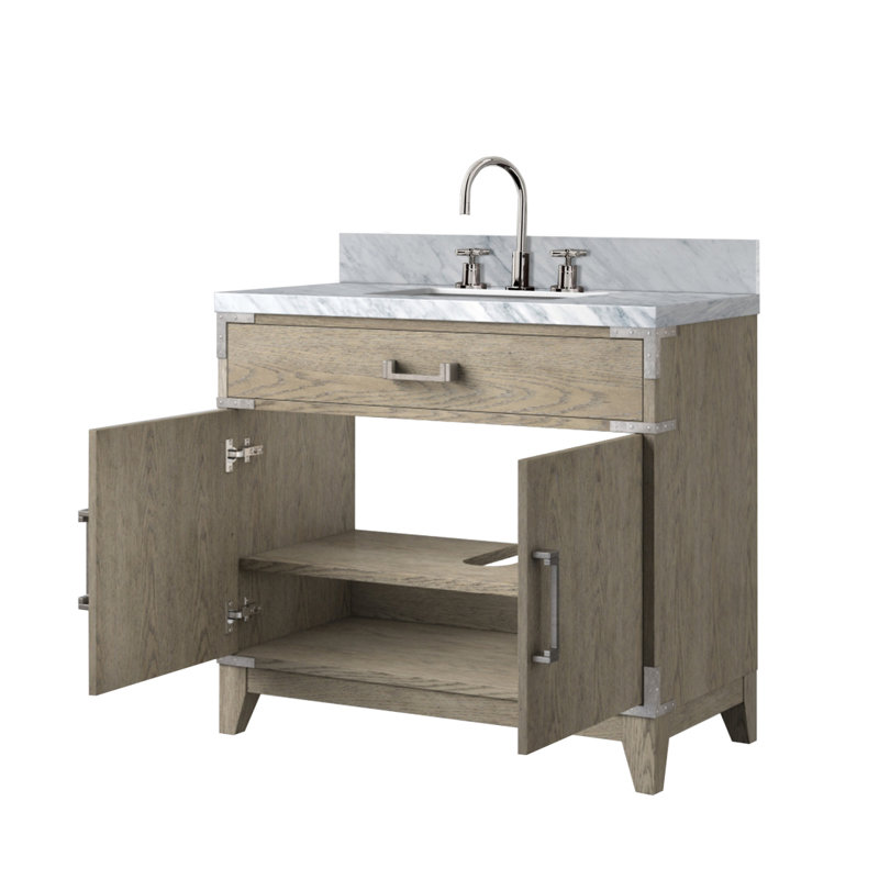 Meuble-lavabo simple en chêne gris 36 po X P 22 po D, dessus en marbre de Carrare et ensemble de robinet, Gris