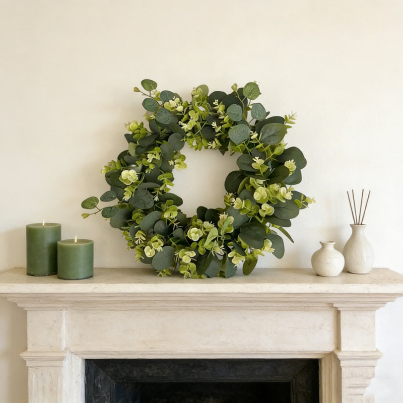1 PC couronne d'eucalyptus artificiel 18,11 po mélangé feuilles simulées guirlande printemps pour porte foyer mural