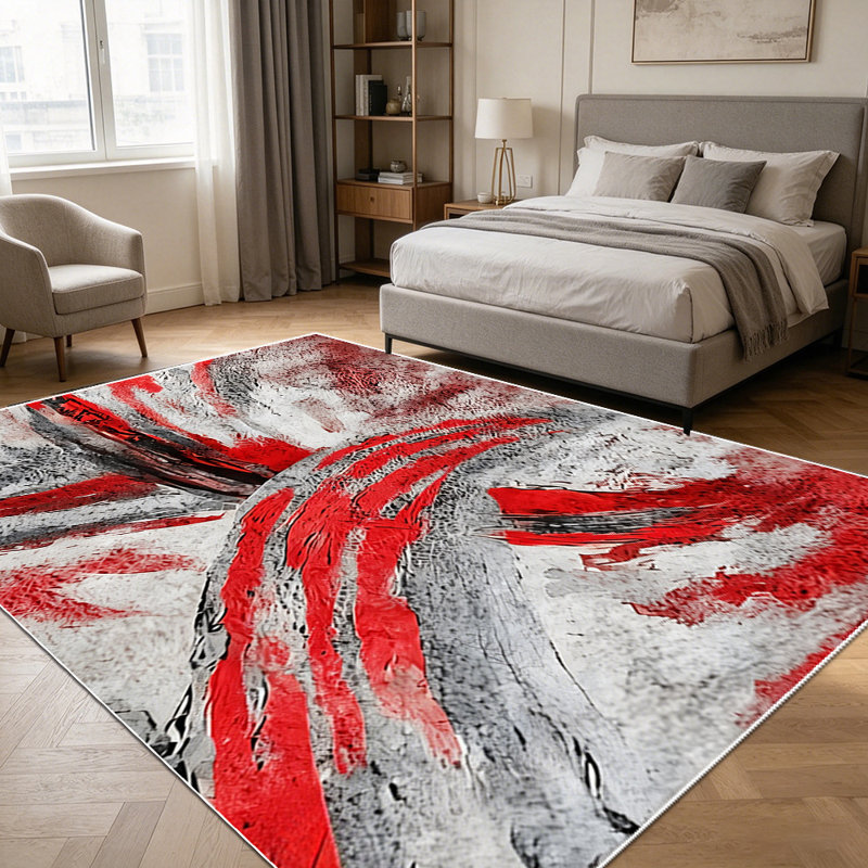 1PC Modern Abstract Red Grey Black Brushstroke Marbled area rugs for Living Room, Soft and Comfortable, Suitable for all seasons, easy-to-maintain, machine washable Indoor floor mat, Under Table Farmhouse suitable for dining room, bedroom, kitchen,