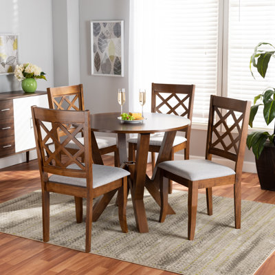 5-Pc Rubberwood Solid Wood Dining Set in Grey Fabric Upholstered, 37.4'' H X 18.1'' W X 20.3'' D