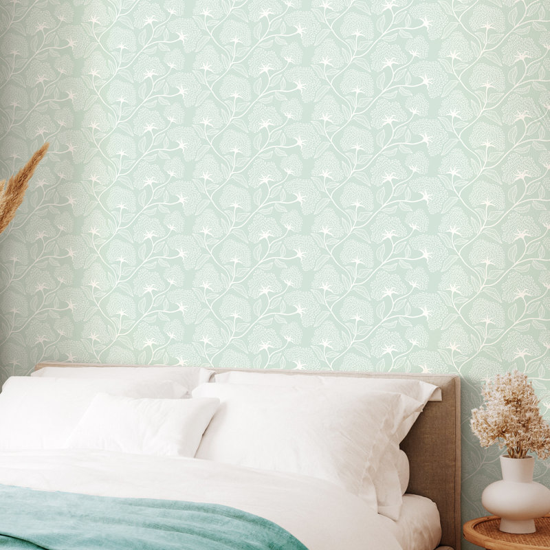 Dash Trail - Oatmilk 10m Wallpaper, Blue Floral