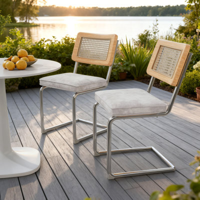 Dining Chair Set Of 2, Mid-century Modern Chairs With Metal Chrome Legs, Armless Mesh Back Cane Chairs With Rattan Backrest Upholstered For Home Kitchen Dining Room