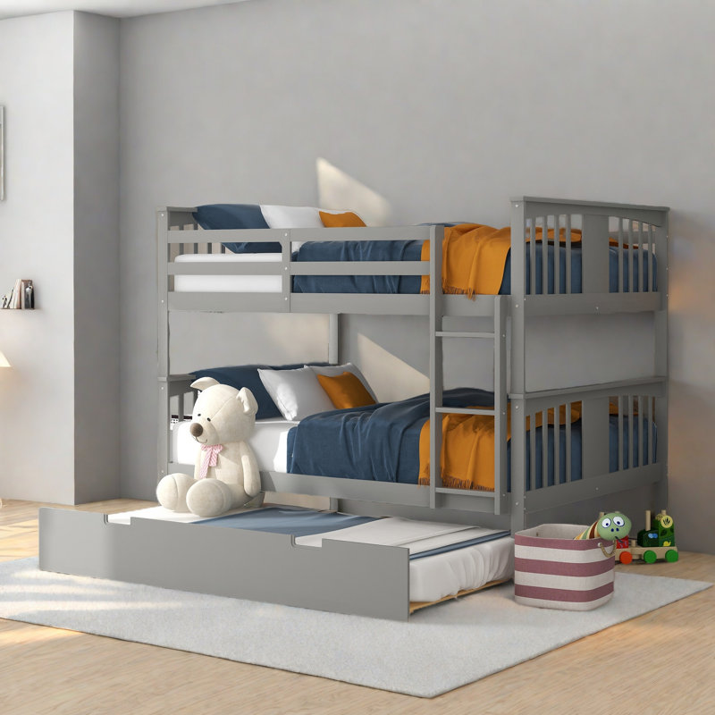 Metal Bunk Bed Set With Trundle, Contemporary Style, Iron Frame, Gray