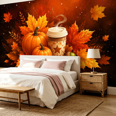 Papier peint pelez et collez, citrouille, tasse à café, feuilles d'automne, orange chaud, récolte d'automne, art mural, adhésif et amovible