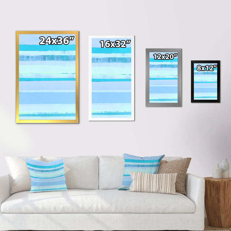 Turquoise sur bandes abstraites bleues - Art mural moderne et contemporain sur toile, Cadre noir, H 20 po x l 12 po x P 1 po