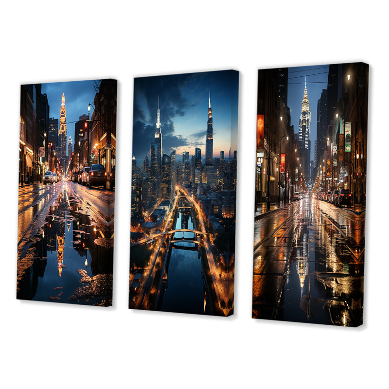 «Charlotte Cityscape At Night», 3 pièces sur toile, Toile tendue, H 40 po x l 60 po