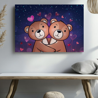 Toile, scène fantaisiste et réconfortante mettant en vedette deux ours mignons qui embrassent un art mural, un avec un cœur rose au-dessus de sa tête