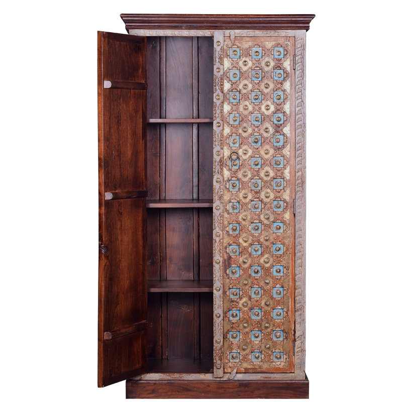 Elspeth 2 Door Solid Wood Wardrobe, Blue/Gold
