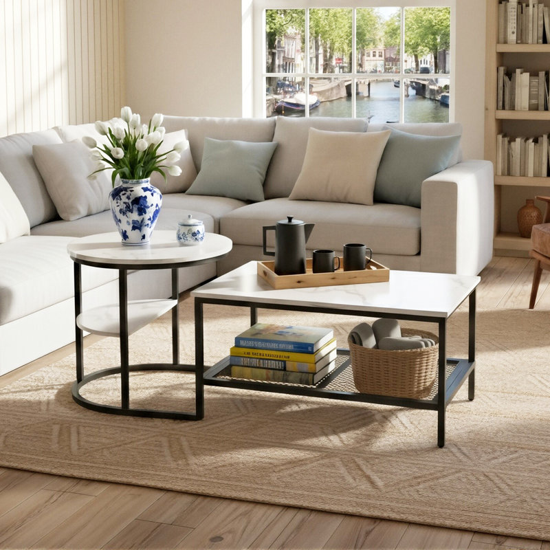 80Cm Modular Coffee Table Set (Set Of 2), Interlocking Round Side Table & Rectangular Table With Shelf, Gold & Black, Black