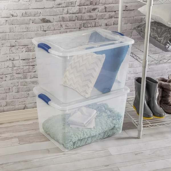 Contenant de rangement en plastique transparent de 66 pintes avec couvercle transparent, loquet bleu