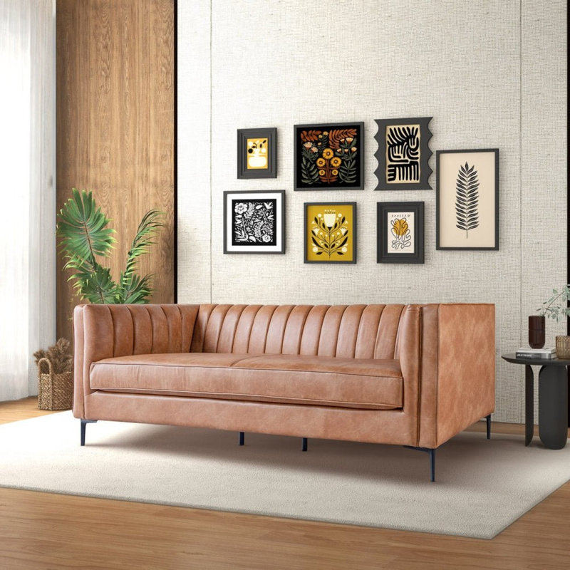 Modern Sofa Cognac PU Leather Sofa 84"