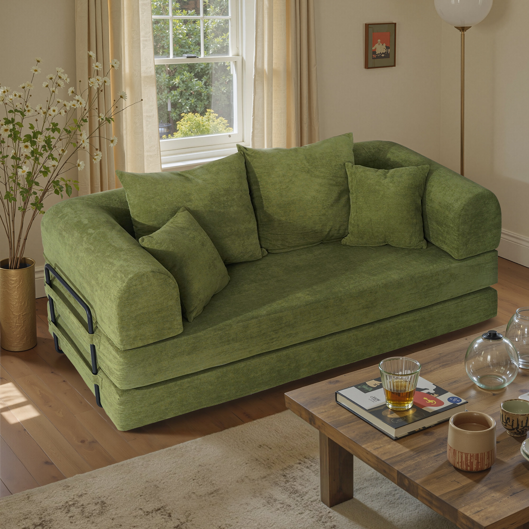 Ivy Bronx Foldable Two Person Fabric Sofa Bed, high Rebound Density ...