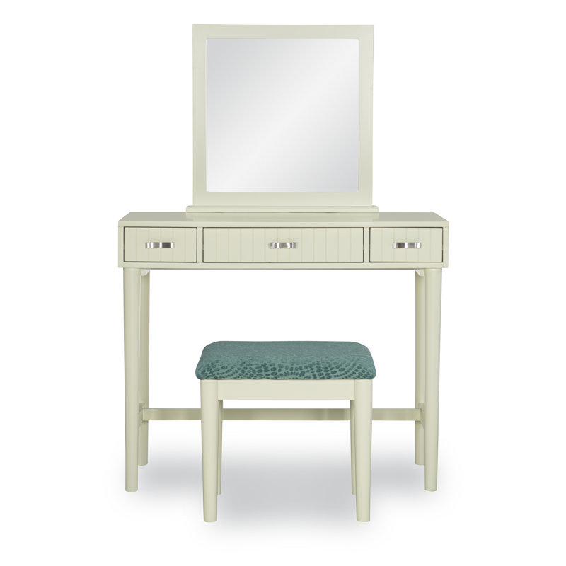 Simen Wood Three Drawer Mirror Stand Vanity with Stool