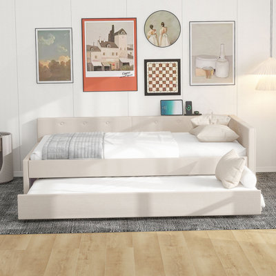 Upholstered Platform Bed with USB and Twin Size Trundle