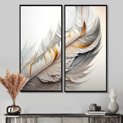 White Watercolor Feather - White Wall Art 2 Pieces