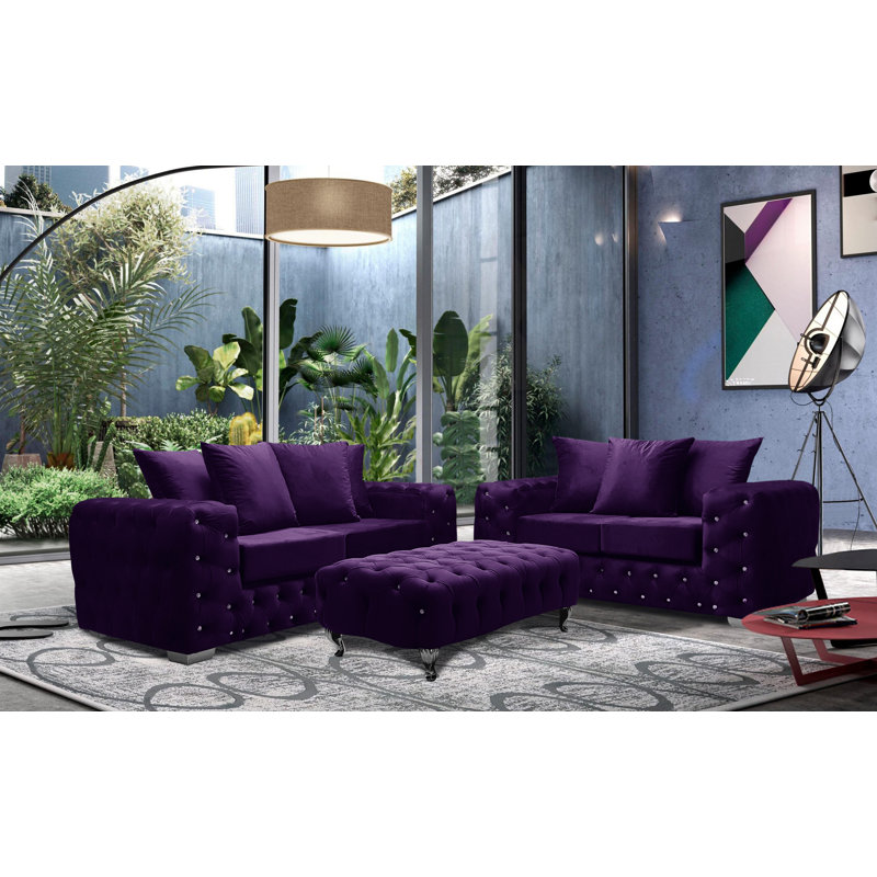 Pham 3 Piece Velvet Standard Living Room Set, Amethyst