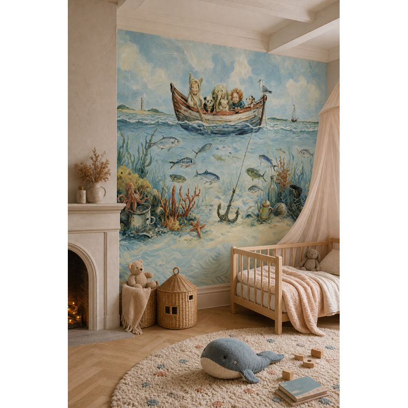 Fresque murale illustrée pour chambre d'enfant, thème océan et aventure, 140"x108", Peler et coller
