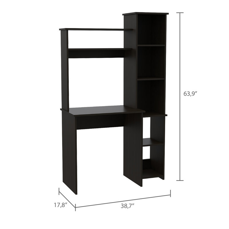 Bureau d'écriture à 6 tablettes avec bibliothèque intégrée, Noir