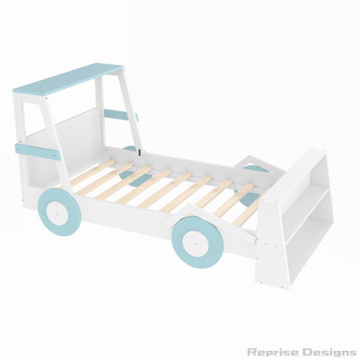 Joli lit simple voiture de course bleu et blanc avec rangement intégré et plateforme basse pour un accès facile