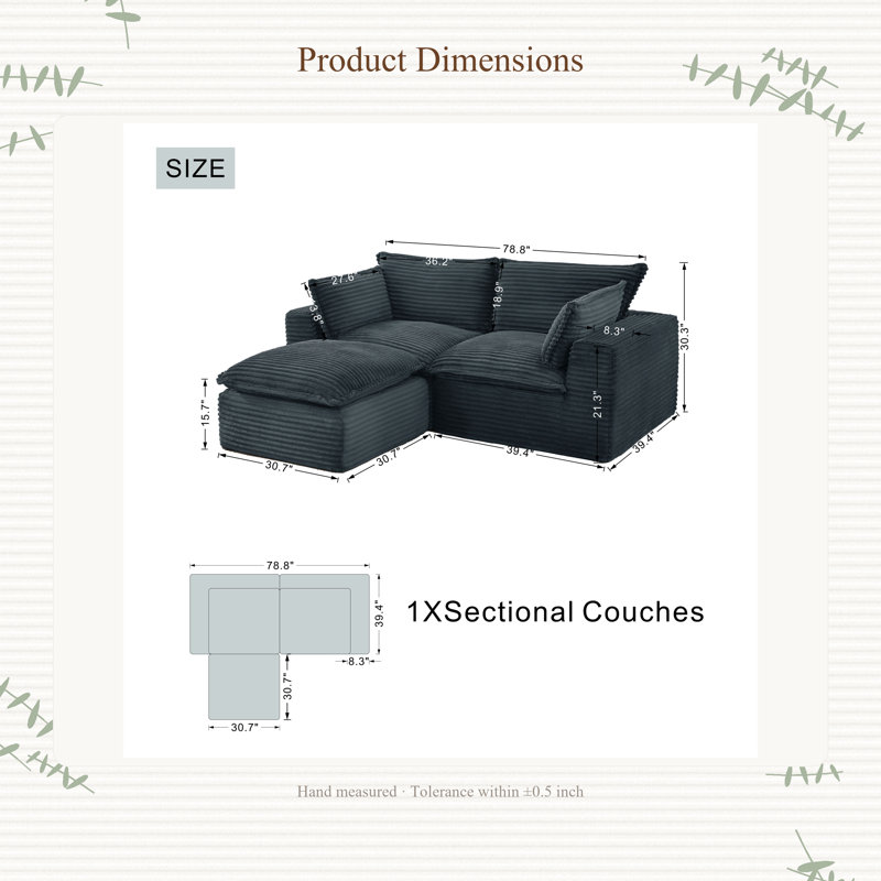 Canapé modulaire en L 78,8 po avec repose-pieds modulaire en velours côtelé sans assemblage pour animaux de compagnie