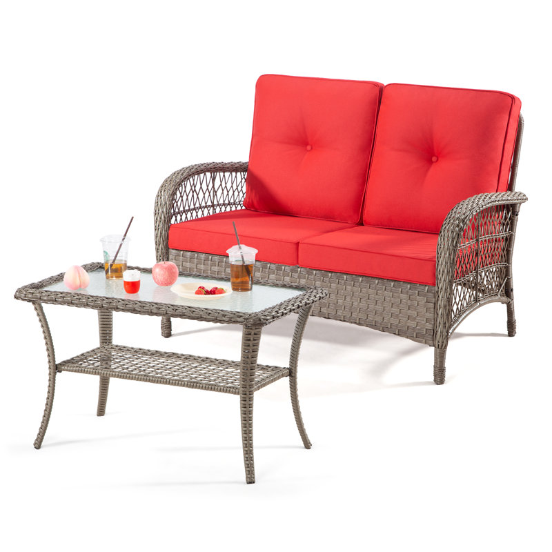 Ensemble de conversation en rotin 2 pièces avec siège et table Mertis, Rouge