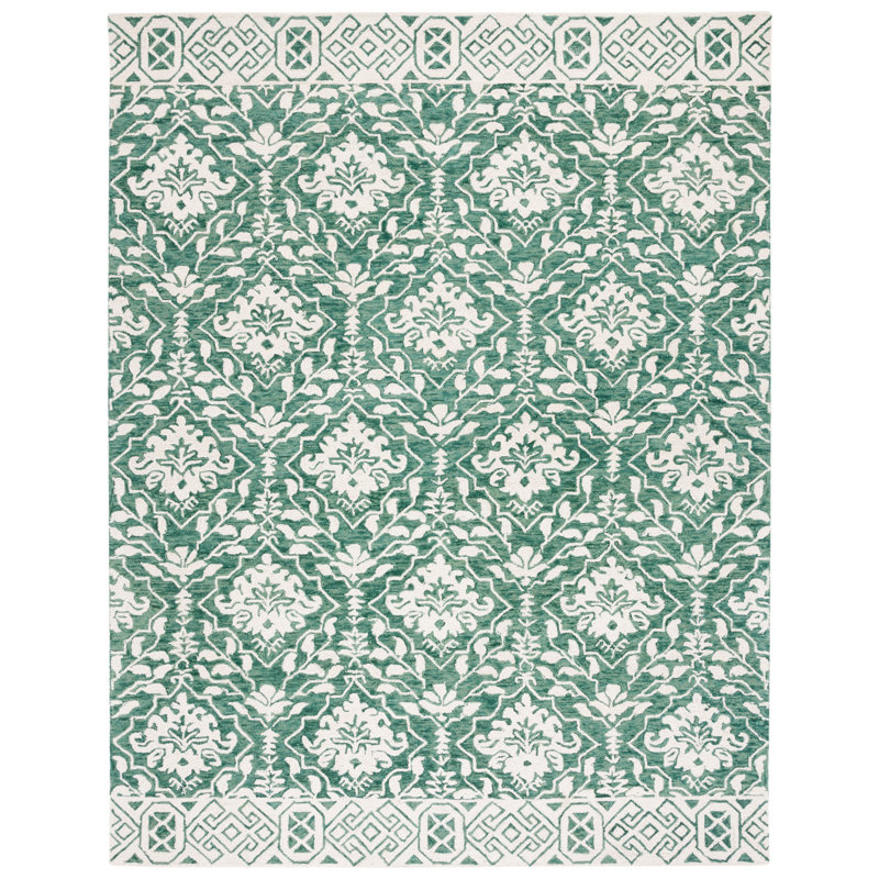 Tapis vert foncé / ivoire en laine touffeté à la main Evangely Damask, Rectangle 8 pi x 10 pi