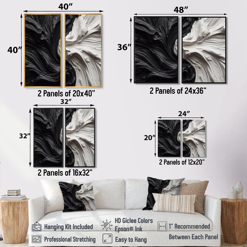 Noir et blanc marbré Dreamscape V - 2 impressions sur toile moderne noir, Noir, noir, noir, noir, H 36 po x l 48 po