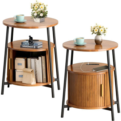 End Tables Set Of 2 & Charging Station, Fluted Accent Side Table With Sliding Door, Mid-century Modern Nightstand Set Of 2 For Small Space, Living Room, Bedroom Sofa Couch
