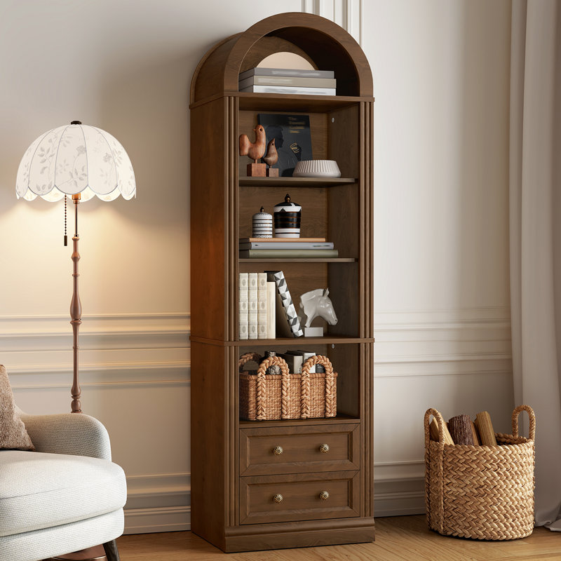 67.7" Tall Narrow Bookcase Bookshelf with 2 Drawers and 5-Tier Farmhouse Arch Book Shelf, Walnut