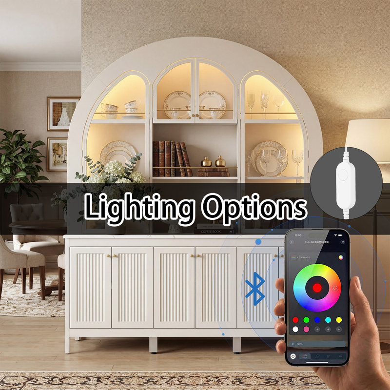 Large Glass Wine Cabinet With Arched Design, Bluetooth LED Lights, White