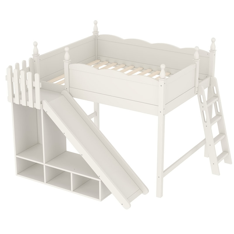 Full Solid Wood Loft Bed with Storage, Wardrobe, Detachable Slide & Ladder, Beige, Beige, Full