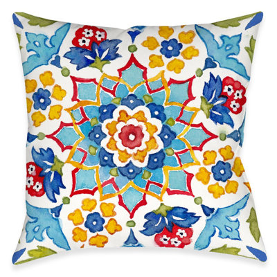Mediterranean Medallion Floral Floral Outdoor Throw Pillow