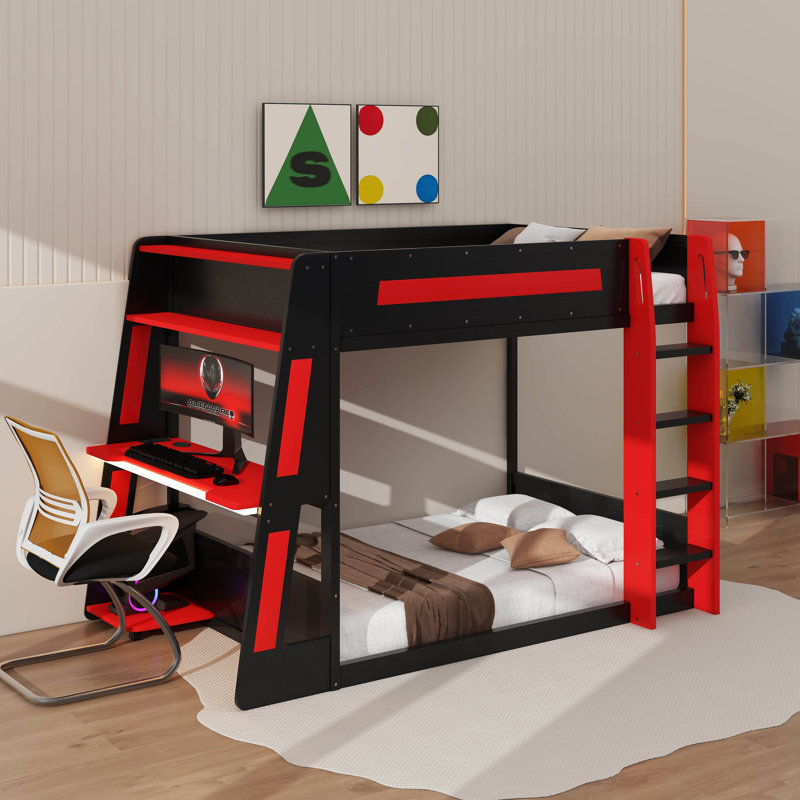 Lit simple superposé en bois avec bureau, deux tablettes de rangement, USB et lumière DEL, Lit superposé simple sur simple