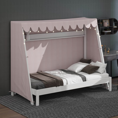 Lit simple TG, cadre de lit simple TG, lit gigogne simple TG avec tente écossaise rose, tablette de rangement, lumière DEL jaune chaud