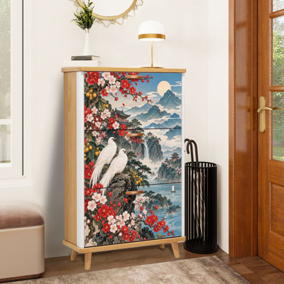 Shoe Storage Cabinet with 3 Flip Drawers White Birds Cherry Blossoms Serene Landscape Mountains Waterfall Slim Standing Shoe Rack Organizer Narrow Hidden Wooden Cupboard for Entryway Hallway Foyer Closet Apartment Small Space